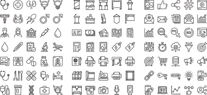 Set of Healthcare, Business, and Technology Icons Representing Medicine, Analytics, E-commerce, and Marketing for Medical, Corporate, and Digital Designs