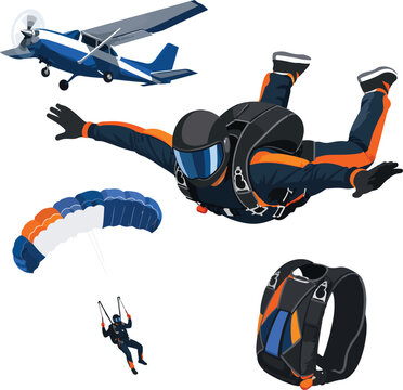 Skydiver with airplane parachute and gear skydiving