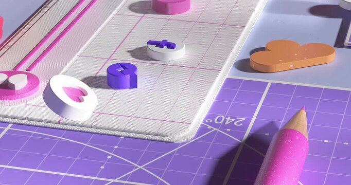 Pastel colored social media icons and creative design elements are arranged on a futuristic workspace surface.