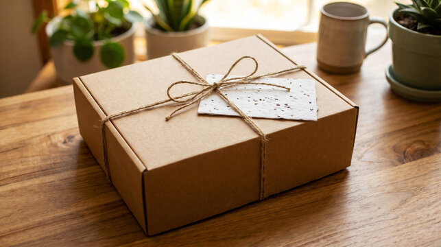 Brown cardboard gift box tied with twine and a note on a wooden table with plants and a mug