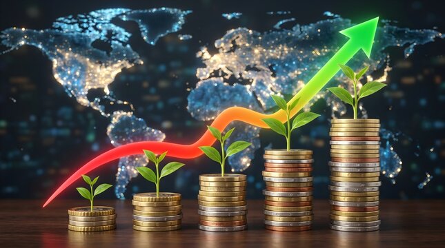 Financial growth concept plant growing on stacks of coins global map background.