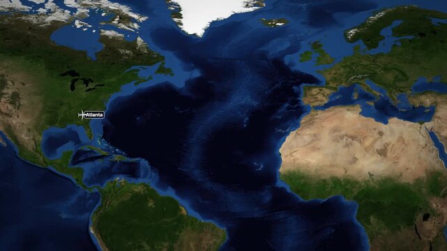 Animated Flight Route Map from Atlanta to Copenhagen Across the Atlantic Ocean