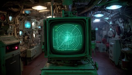 Fototapeta premium Vintage radar screen displays a circular, glowing green navigational grid in dimly lit room