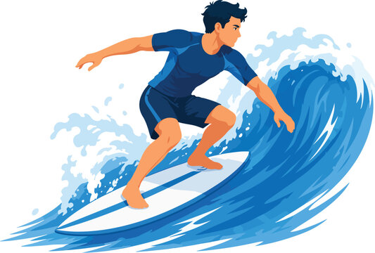 Surfer riding a blue wave on a white surfboard surfing