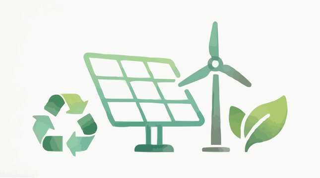 Eco friendly energy concept with solar panel wind turbine and recycling symbol