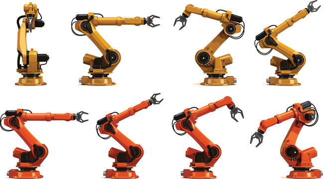 Industrial Robotic Arm Vector Icon Set with Yellow and Orange Mechanical Manipulators for Smart Factory Automation Manufacturing and Engineering Technology Designs