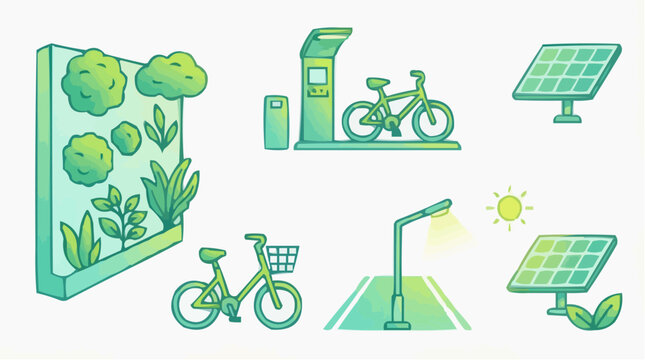 Eco friendly transportation and renewable energy icons