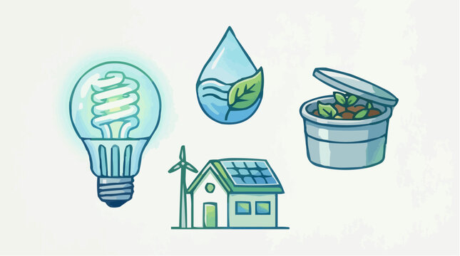 Eco friendly icons with lightbulb, water drop, recycling bin and house