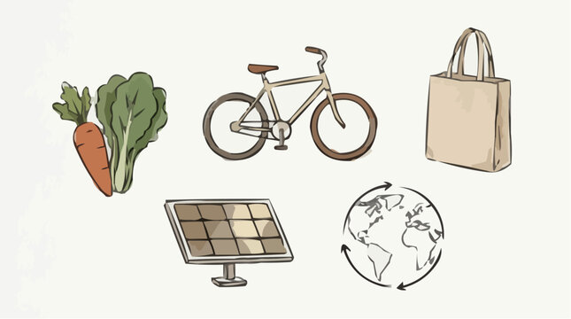 Eco friendly icons with bicycle, carrot, tote bag and globe