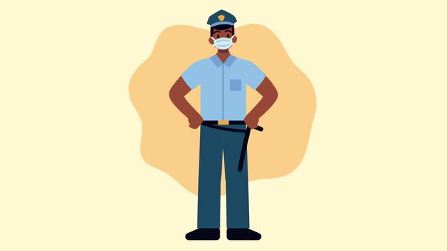 Afro police officer wearing medical face mask for protection and prevention during pandemic cartoon animation.