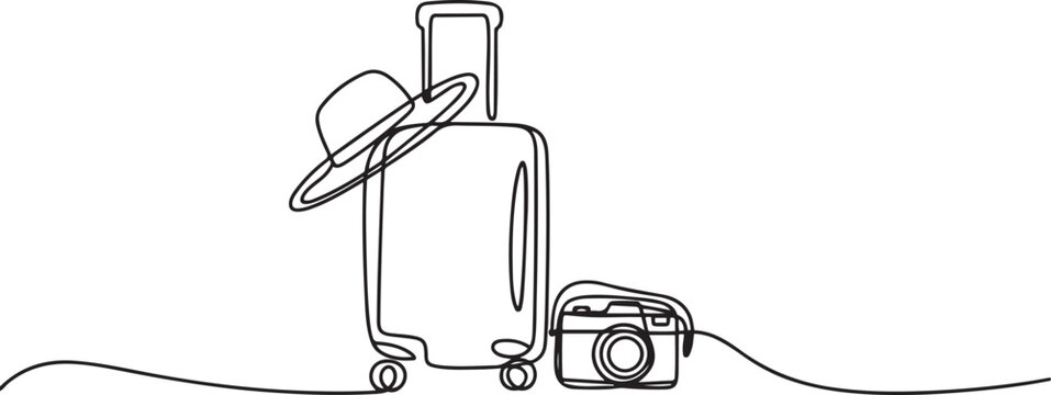 Outline sketch drawing of Travel luggage bag and suitcase hat and camera, Travel logo silhouette. one line Icon drawing