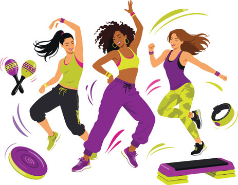 Three women dancing with Zumba fitness equipment exercise