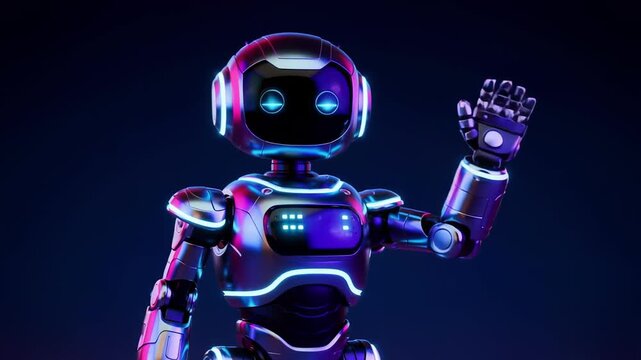 3d robot character standing and spraying water from hands in studio