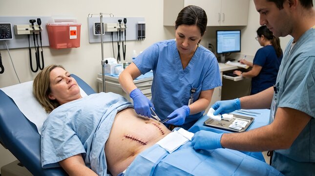 
Pregnant Woman Lying on Examination Bed, While Female Sonographer Wearing Blue Scrubs Performs Ultrasound Scan on Belly Inside Modern Medical Clinic, Showing Prenatal Maternity Healthcare Checkup