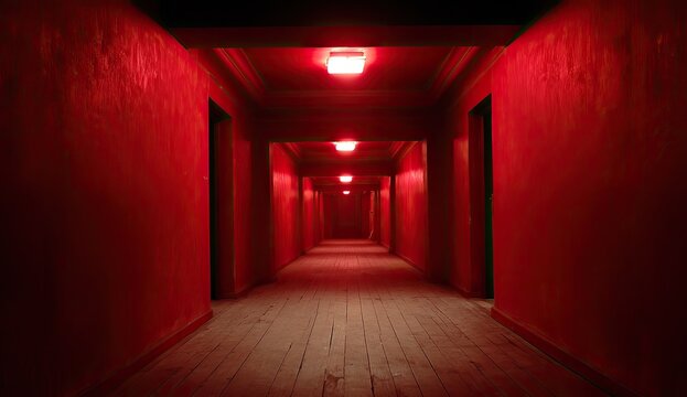 A dimly lit, narrow corridor bathed in eerie red light, receding into darkness