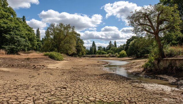 Cracked earth and a dry, shallow stream under a bright, cloudy sky