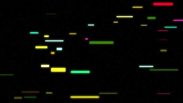 Vibrant digital data stream motion graphic with colorful glitch lines moving on a dark background loop