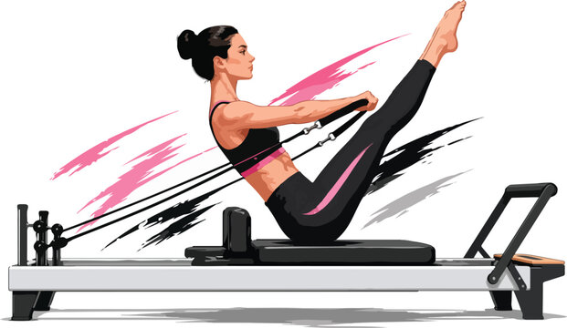 Woman exercising on a Pilates reformer exercise fitness