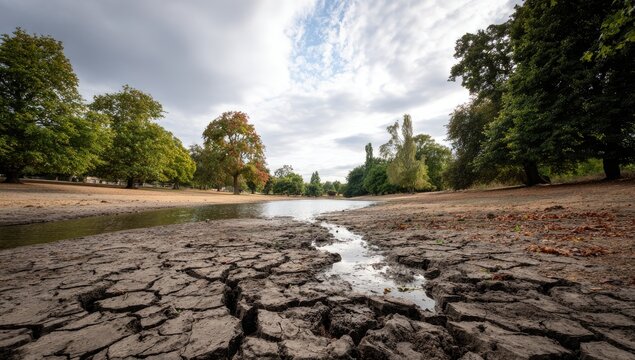 Cracked earth surrounds a shrinking body of water under a cloudy sky
