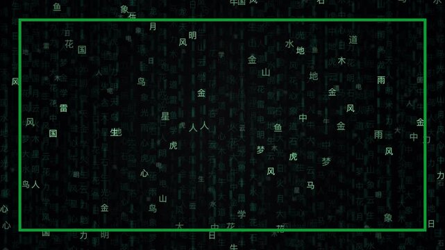 Cyberpunk Digital Data Rain with Green Characters Falling in Rectangular Grids