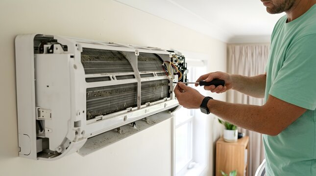 Male Technician Wearing Green Shirt Repairing Cleaning Dirty Wall Mounted Air Conditioner Unit, With Cover Removed Exposing Dusty Filters, Showing Home Appliance Maintenance Service Work