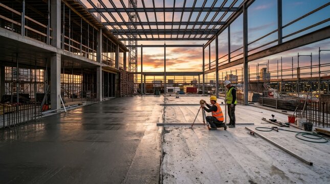 Construction Site Interior with Workers and Sunset View - Modern Architecture.