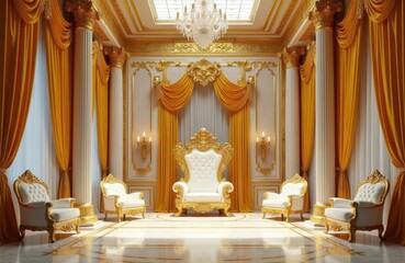 Naklejka premium Ornate throne room interior with white upholstered seats. Golden trim decorates plush curtains, large columns, ornate wall patterns. Crystal chandelier hangs overhead, casting light on polished floor.
