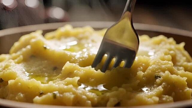 Closeup of a fork lifting creamy mashed potatoes from a bowl.