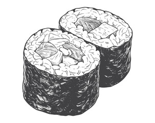 Hand Drawn Vintage Pair of Maki Sushi Rolls Vector Illustration for Asian Dining Menus and Seafood Branding © Aglonema