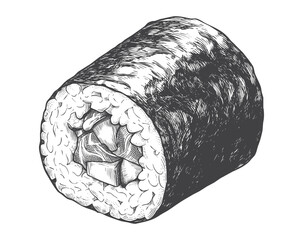 Vintage Engraving Style Nori Maki Sushi Vector Illustration for Japanese Restaurant Logos and Food Packaging © Aglonema