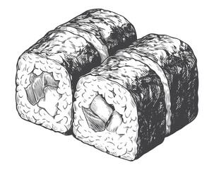 Vintage Hand Drawn Squared Maki Sushi Vector Illustration for Japanese Food Menus and Seafood Restaurant Branding © Aglonema