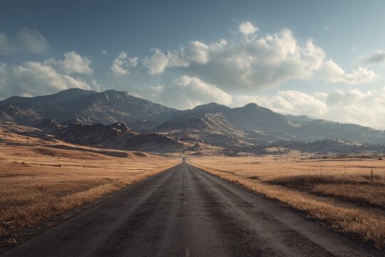 Endless road through golden plains leads to distant, hazy mountain range