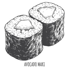 Avocado Maki Sushi Roll Engraving Vector Illustration Detailed Hand Drawn Japanese Vegan Food For Asian Restaurant Menu And Culinary Branding © Aglonema