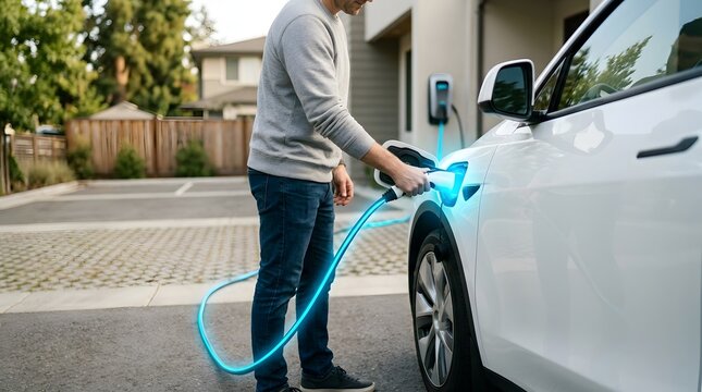 Man Plugging Glowing Blue Charging Cable into White Electric Vehicle Parked in Residential Driveway, Beside Home Charging Station, Showing Sustainable Green Energy Transportation Future