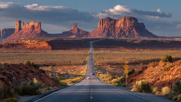Straight desert highway leads to iconic red rock formations under cloudy sky