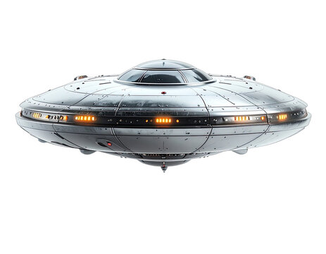 A highly detailed rendering of a classic, metallic UFO with illuminated windows against a stark black background.
