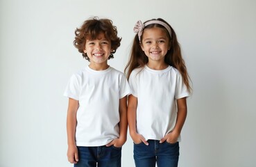 Fototapeta premium Two happy Caucasian kids stand together wearing plain white t-shirts and blue jeans. They smile at the camera with hands in pockets, ready for custom logo prints.