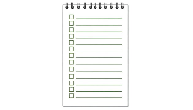 A spiral-bound notepad page with green lines and checkboxes