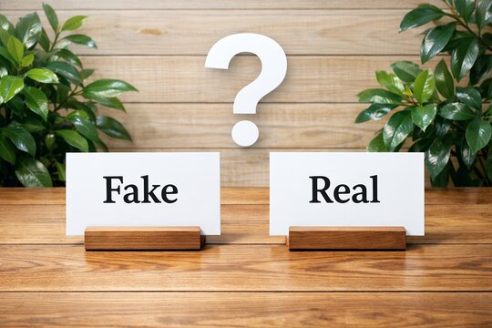 FakeとRealの表示を比較して情報の真偽を見極める判断と選択のイメージ