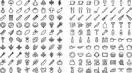 Fototapeta premium Set of 60 Food, Cooking, and Kitchen Icons with Vegetables, Utensils, and Appliances in Minimalist Outline Style for Culinary, Home, and Design Use