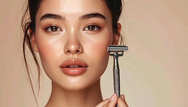 Woman holding safety razor for shaving.
