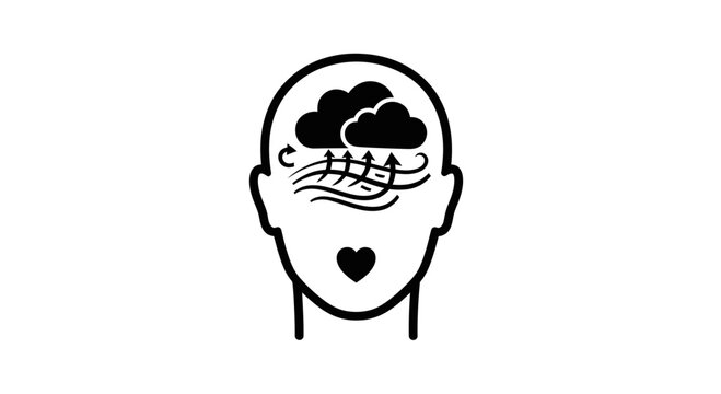 Mindstorming mental health concept: clouds, wind, and heart inside a head silhouette