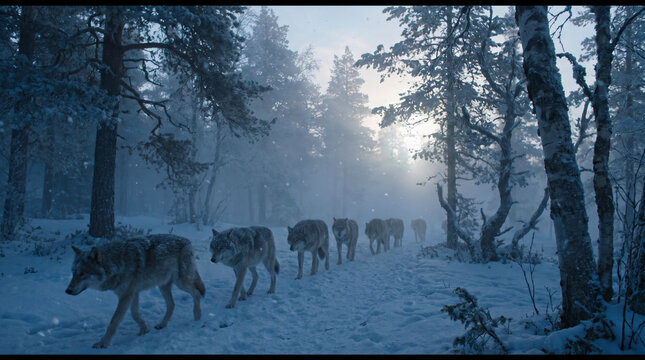 Pack of wolves walks through snowy forest with tall trees and falling snow.