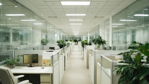 Modern, empty office cubicle hallway with plants, computers, and bright lighting