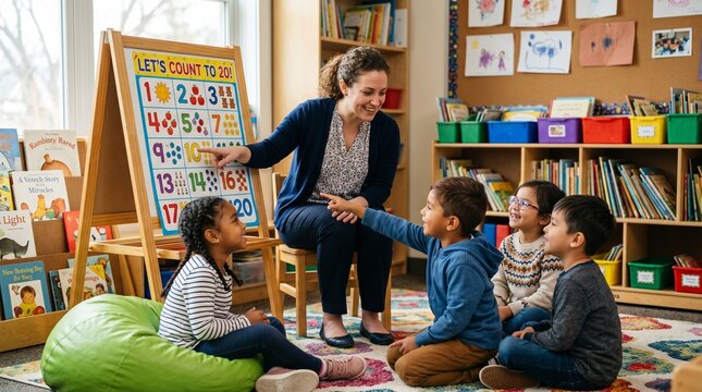 A female school teacher holding a storybook and conducting a lesson for children sitting cross-legged on a classroom rug.