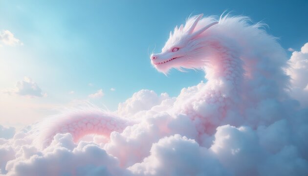 Fluffy white dragon floats serenely amidst soft pink clouds in a vibrant blue sky. Mythical creature appears graceful, peaceful, embodying a dreamlike, ethereal atmosphere.