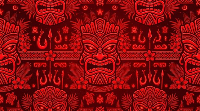 Red Polynesian Tiki Masks and Tribal Pattern Seamless Background Illustration