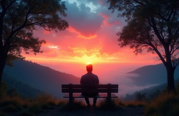 Obraz premium Man sits on bench watching colorful sunrise over misty mountains. Solitary figure observes dawn light breaking through clouds. Peaceful nature scene offers hope and reflection.