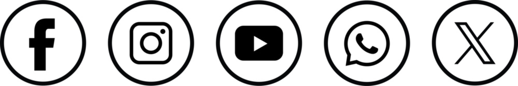 2026 Circular black and white icons for Facebook, Instagram, YouTube, WhatsApp and X social media logotype twitter set vector. popular social media platform icons Facebook, Instagram, X.