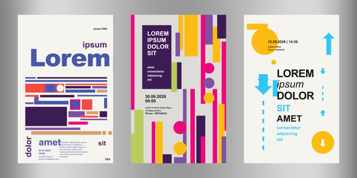 Set of three abstract posters with colorful geometric shapes stripes and arrows in a modern experimental typography layout design collection.